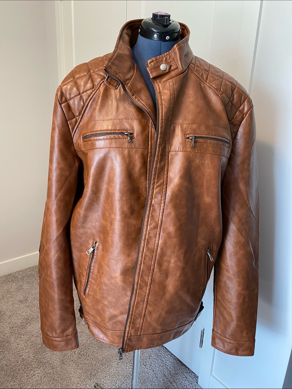 Men's Chestnut Faux Leather Bomber Jacket with Quilted Shoulders